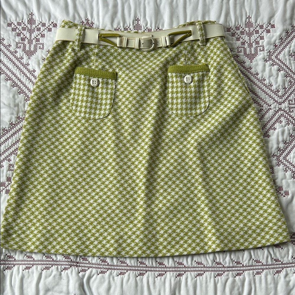 Olive Houndstooth A-Line Skirt with Cream Belt